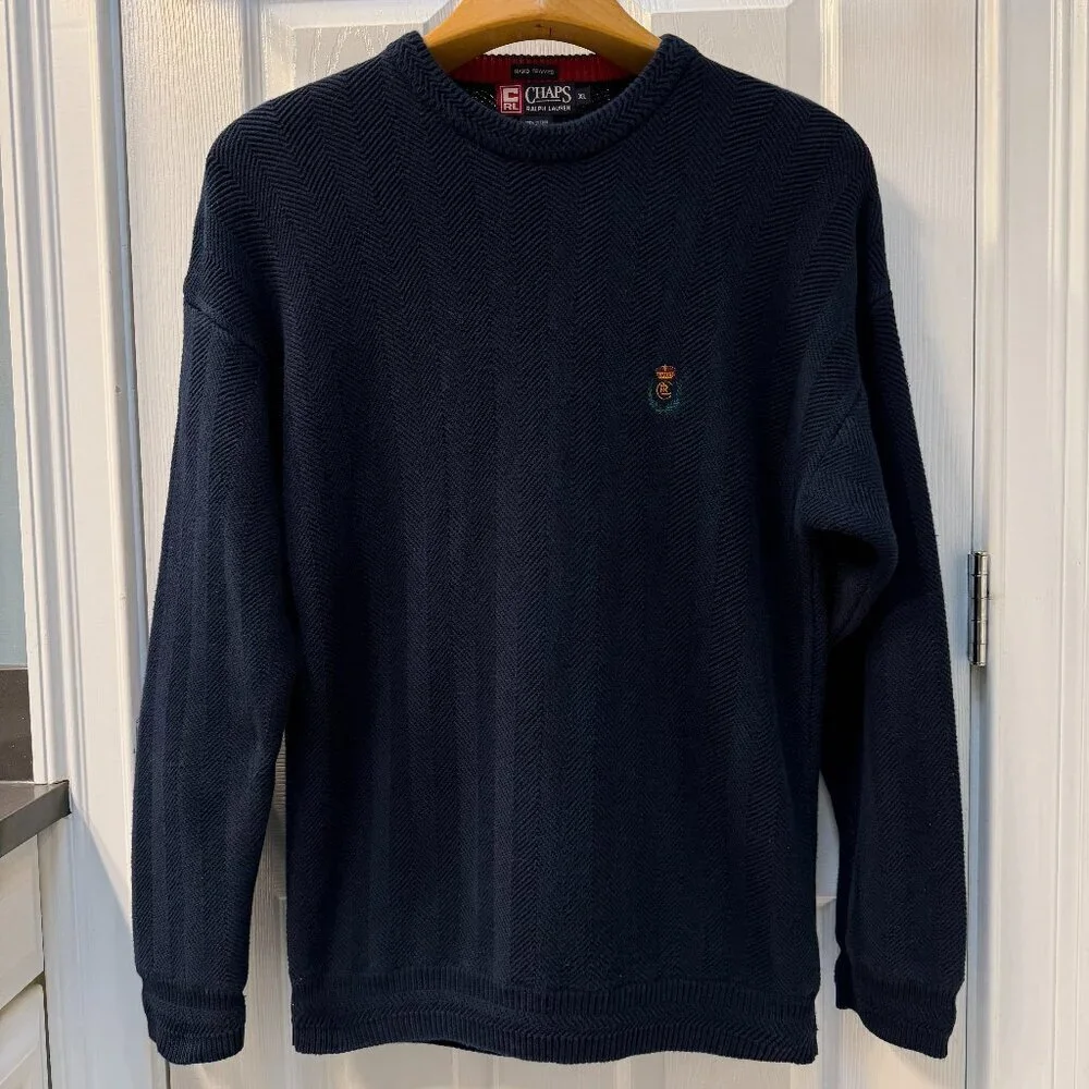 Vtg Chaps Ralph Lauren Hand Framed Rib Knit Cotton Sweater Navy Gold Crown XL